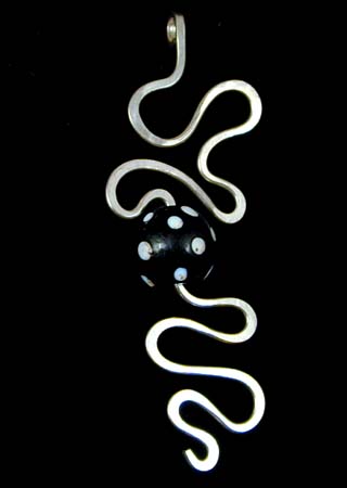 Black Glass with White Dots Bead Silver Pendant